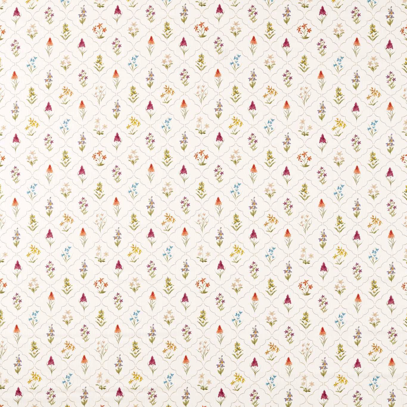 Cream ground fabric with tiny meadow flower sprigs in pink, yellow, blue and lilac