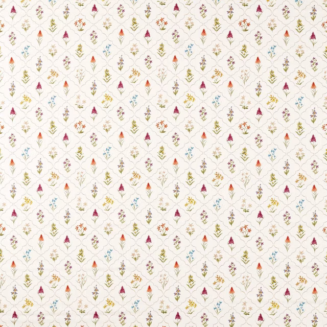 Cream ground fabric with tiny meadow flower sprigs in pink, yellow, blue and lilac