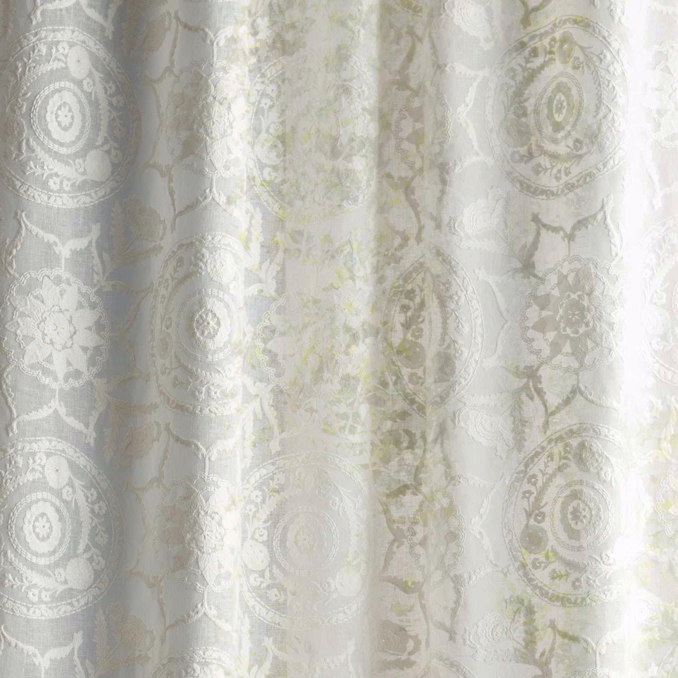 Soft white sheer fabric with large damask medallions and pale seaspray motifs