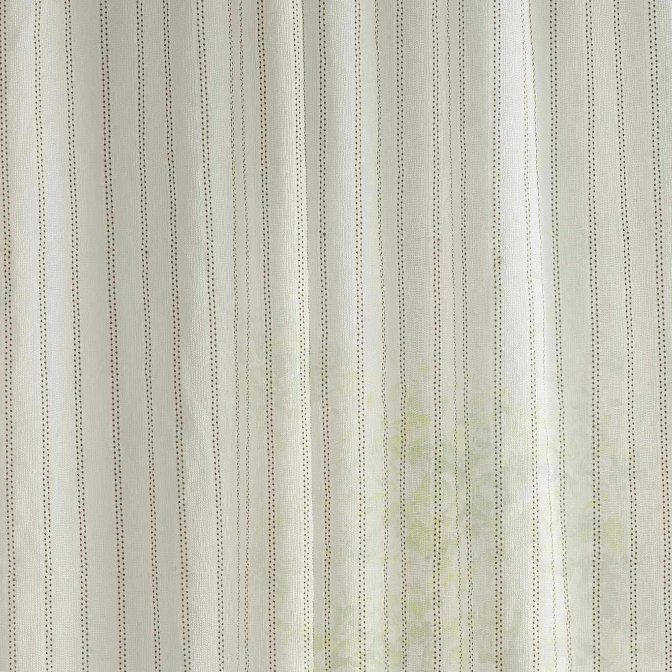 Sheer cream fabric with fine vertical dotted stripes and pale sea-green accents