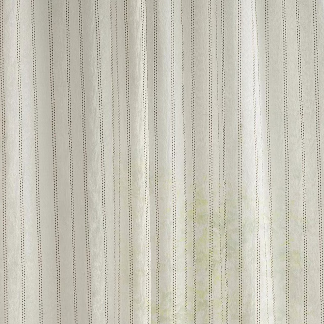Sheer cream fabric with fine vertical dotted stripes and pale sea-green accents