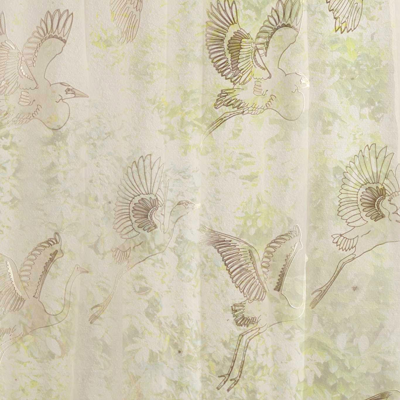Sheer cream fabric with large outlined egret birds and soft sage mottling