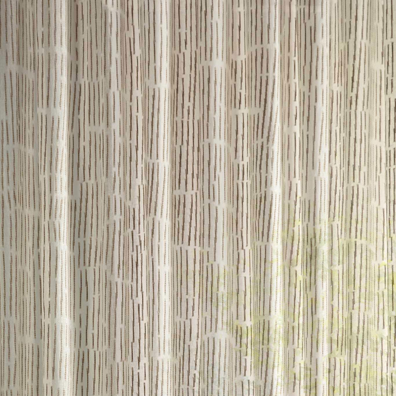 Sheer Sanderson fabric in sand tones with vertical dashed stripe pattern