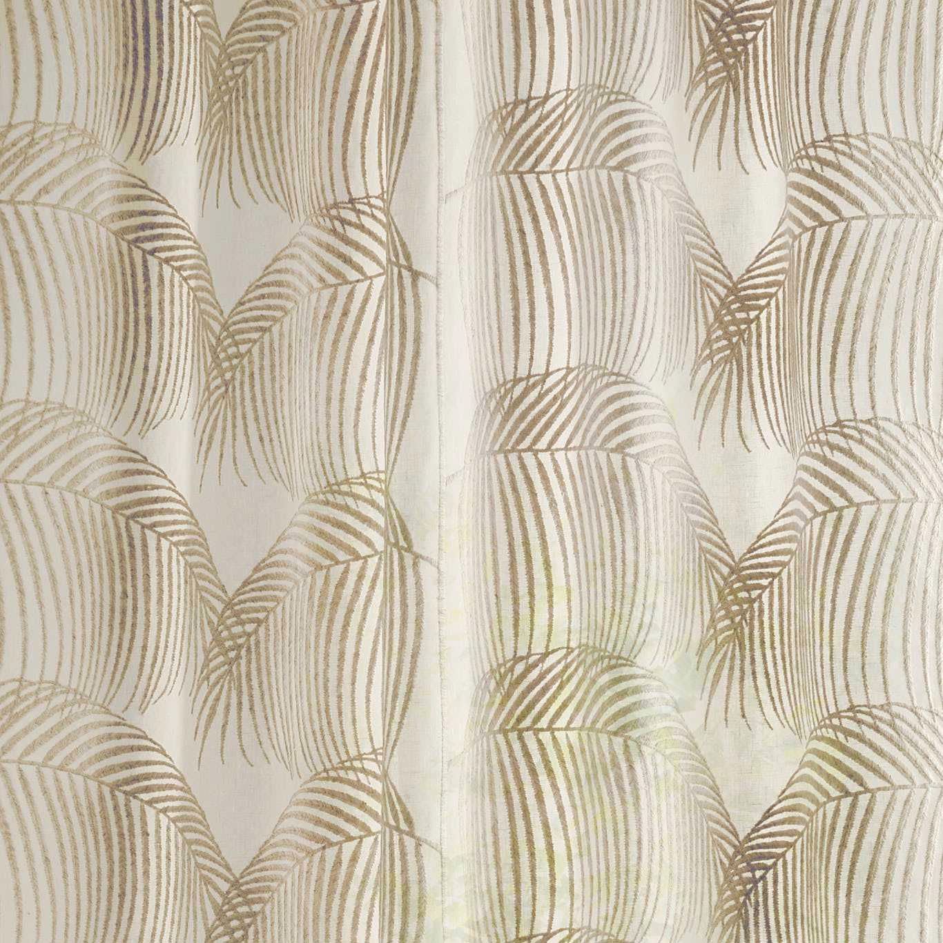 Cream sheer fabric with taupe palm-leaf stripes and soft woven texture