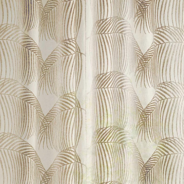 Cream sheer fabric with taupe palm-leaf stripes and soft woven texture