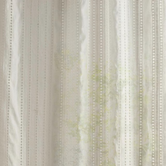 Sheer cream fabric with vertical dotted stripes and pale seaspray tint