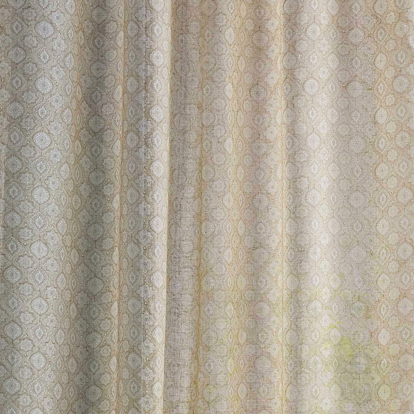 Sheer oyster-beige fabric with a small-scale damask weave and soft vertical folds