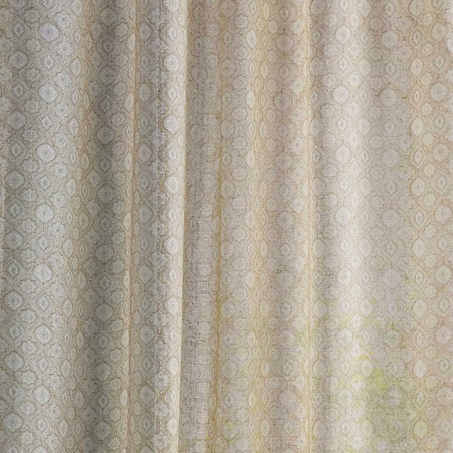Sheer oyster-beige fabric with a small-scale damask weave and soft vertical folds