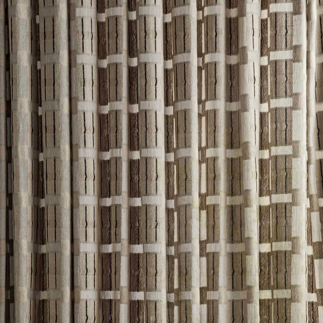 Taupe and ivory geometric woven fabric with narrow dark vertical accents