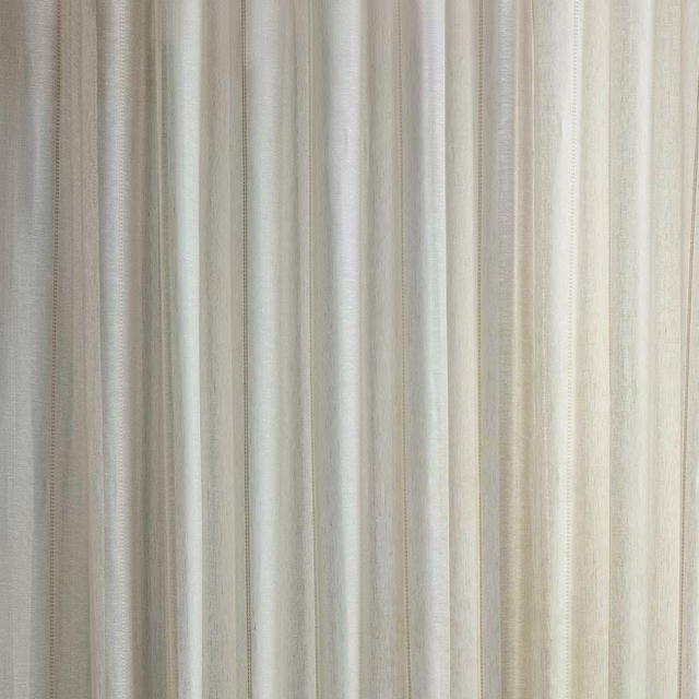 Sheer striped fabric in warm sandy beige and ivory with fine vertical texture