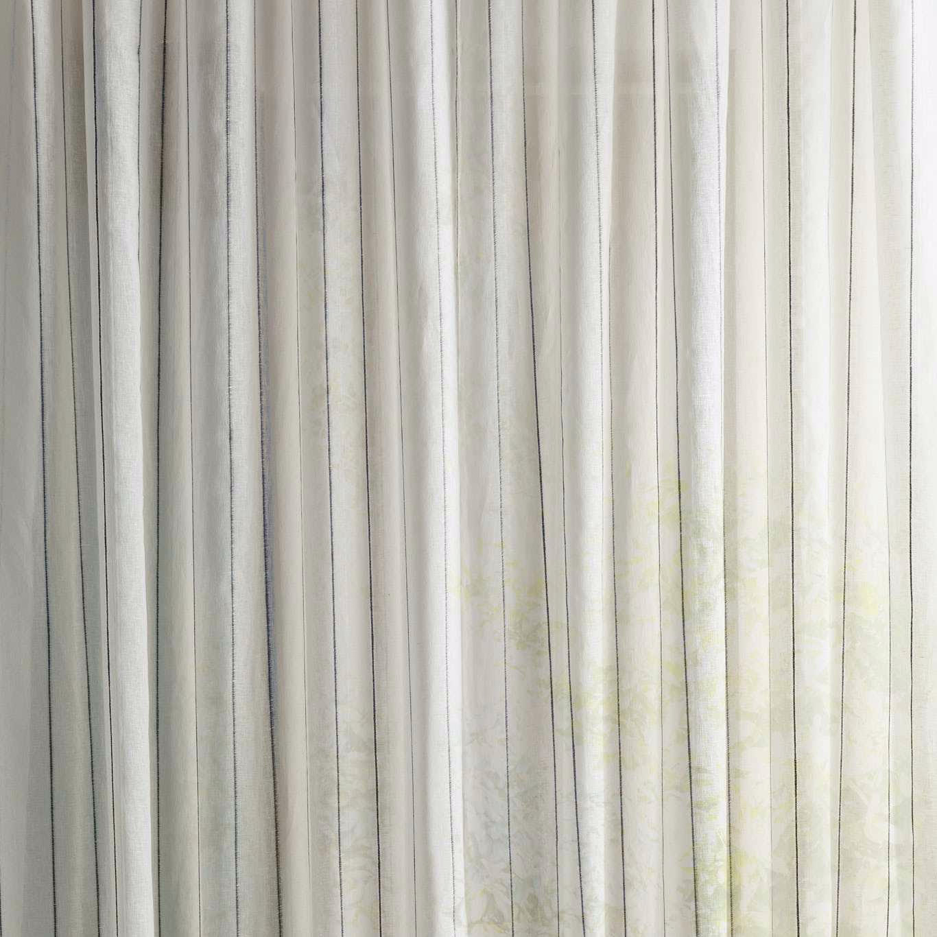 Sheer cream striped fabric with pale blue-green undertones and fine vertical texture