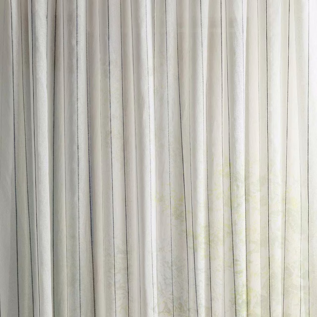 Sheer cream striped fabric with pale blue-green undertones and fine vertical texture