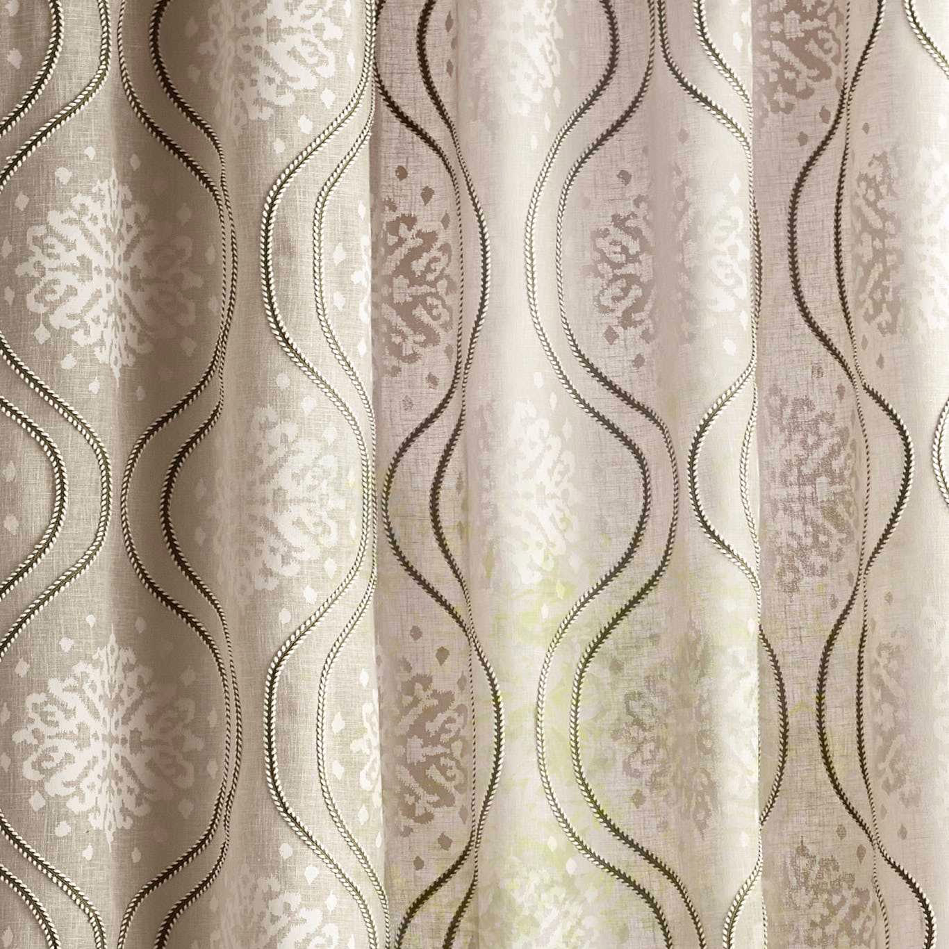 Sand cream woven fabric with looping vertical wave stripes and pale damask texture
