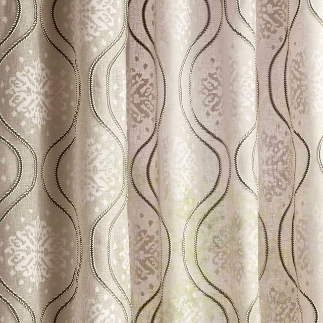 Sand cream woven fabric with looping vertical wave stripes and pale damask texture
