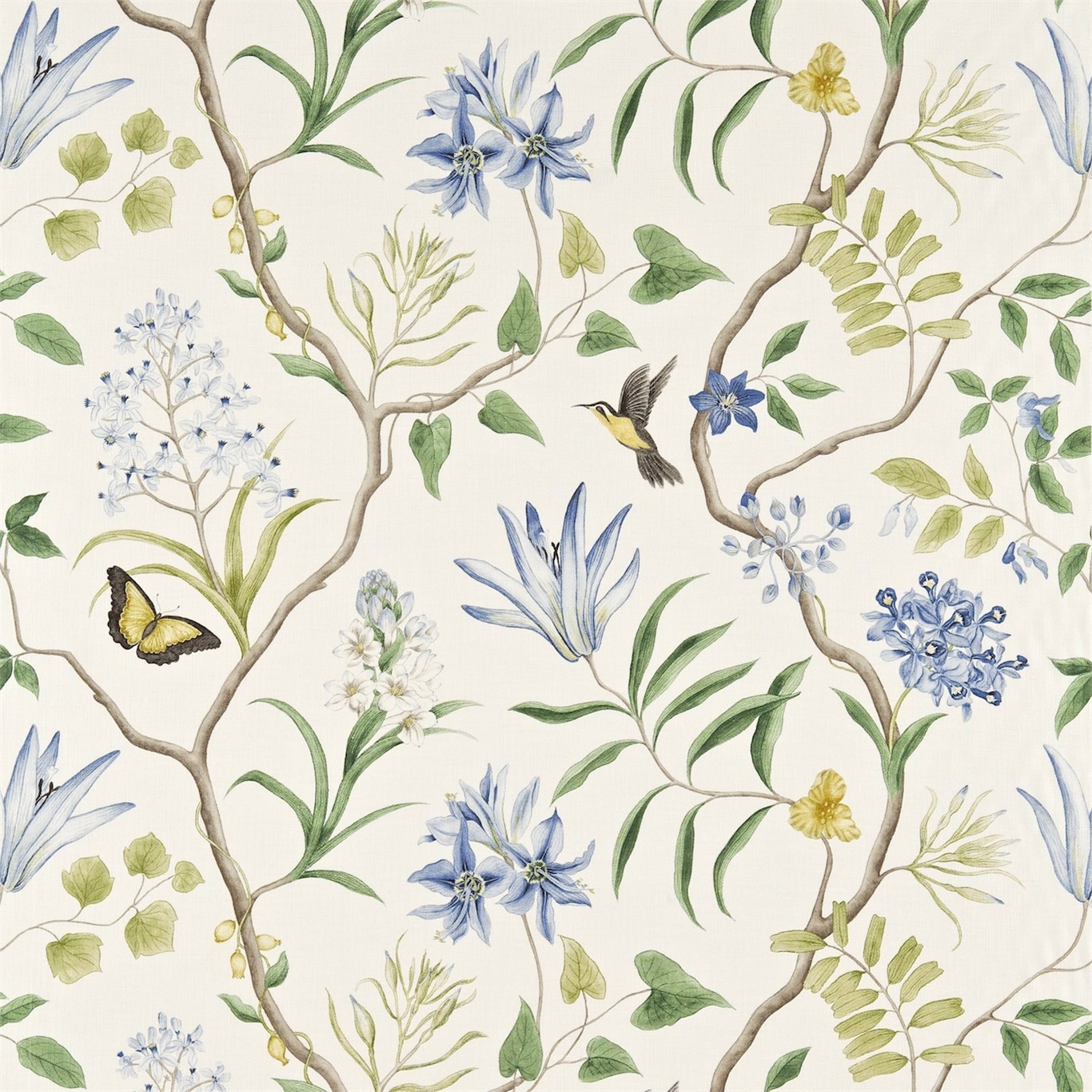 Painterly blue botanical branches and flowers on a pale ivory fabric ground