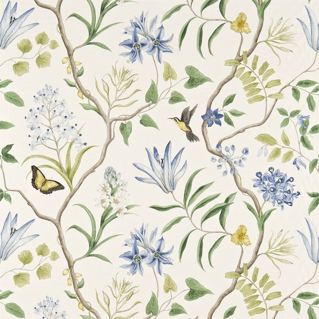 Painterly blue botanical branches and flowers on a pale ivory fabric ground