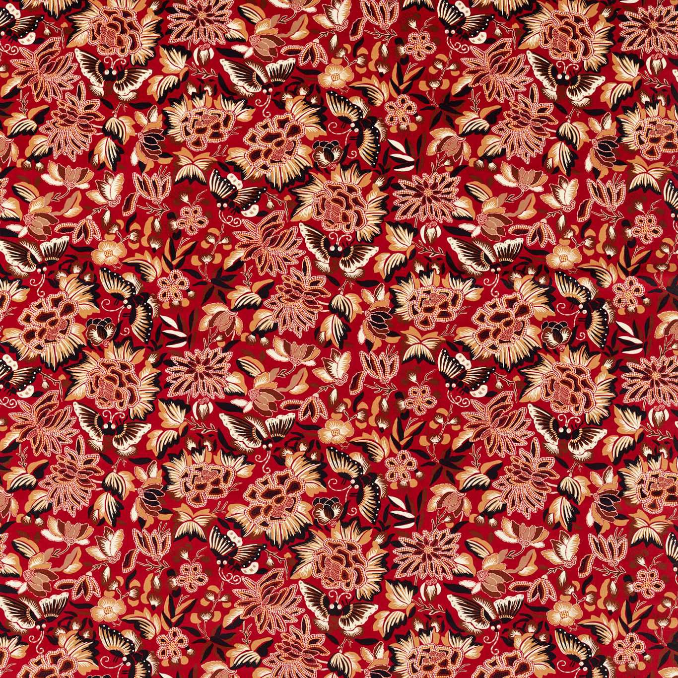 Dense floral and butterfly fabric in cinnabar red, cream and ink black