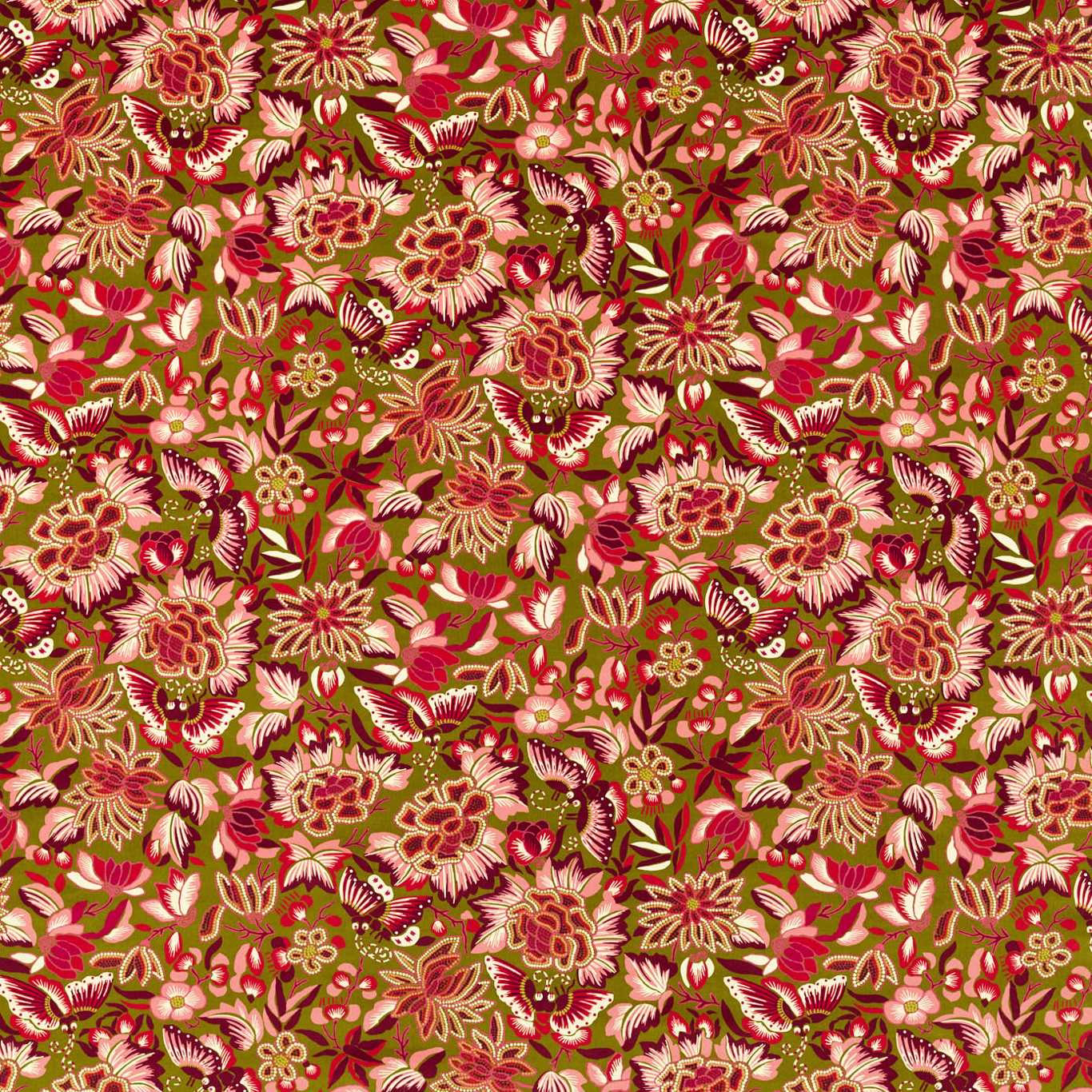 Dense floral fabric with olive ground, lotus pink blooms and butterfly motifs