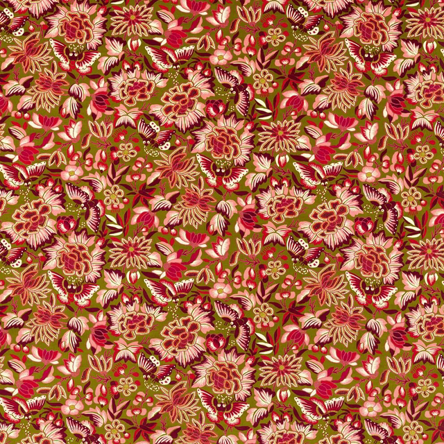 Dense floral fabric with olive ground, lotus pink blooms and butterfly motifs