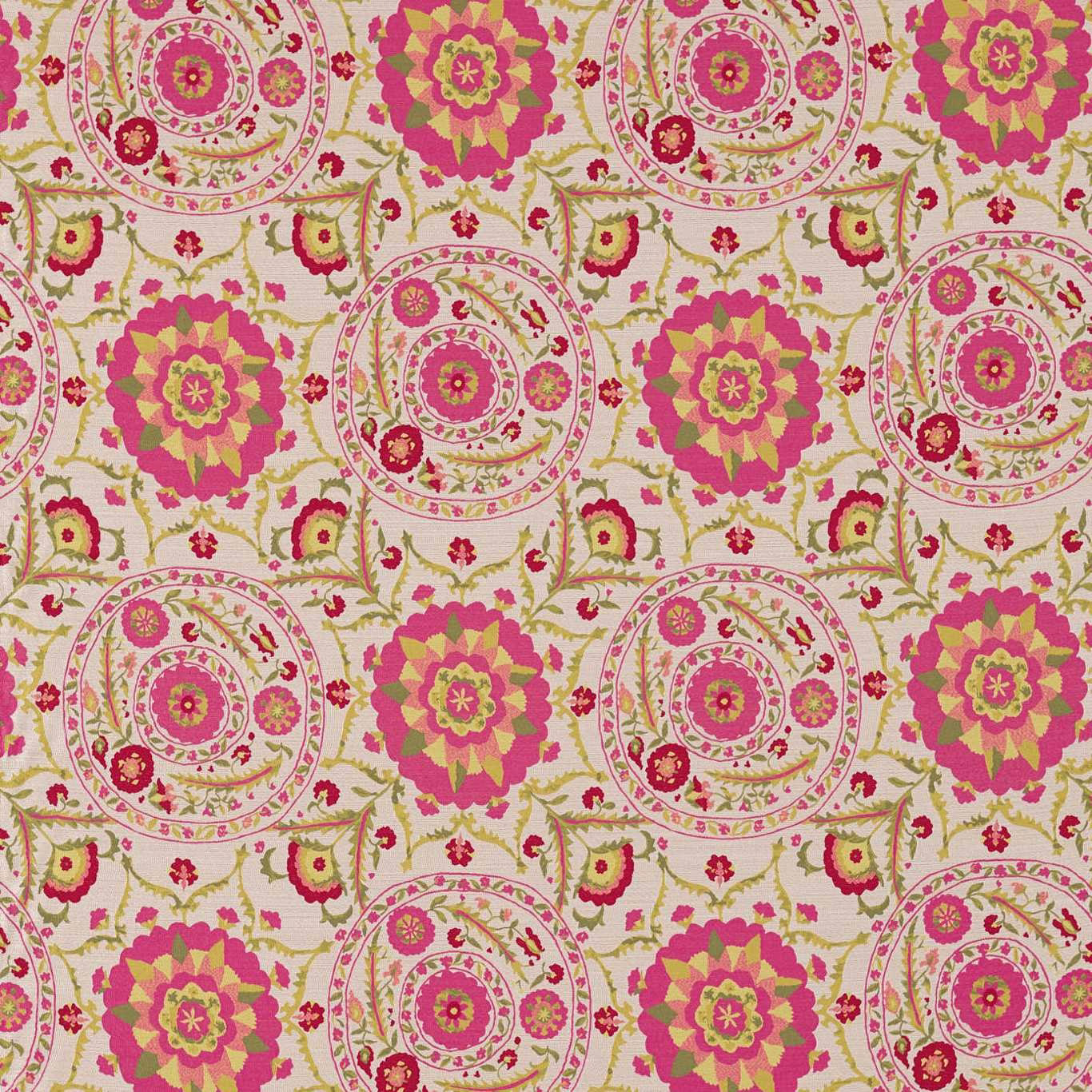 Large-scale cerise and lime floral medallion fabric on a cream ground
