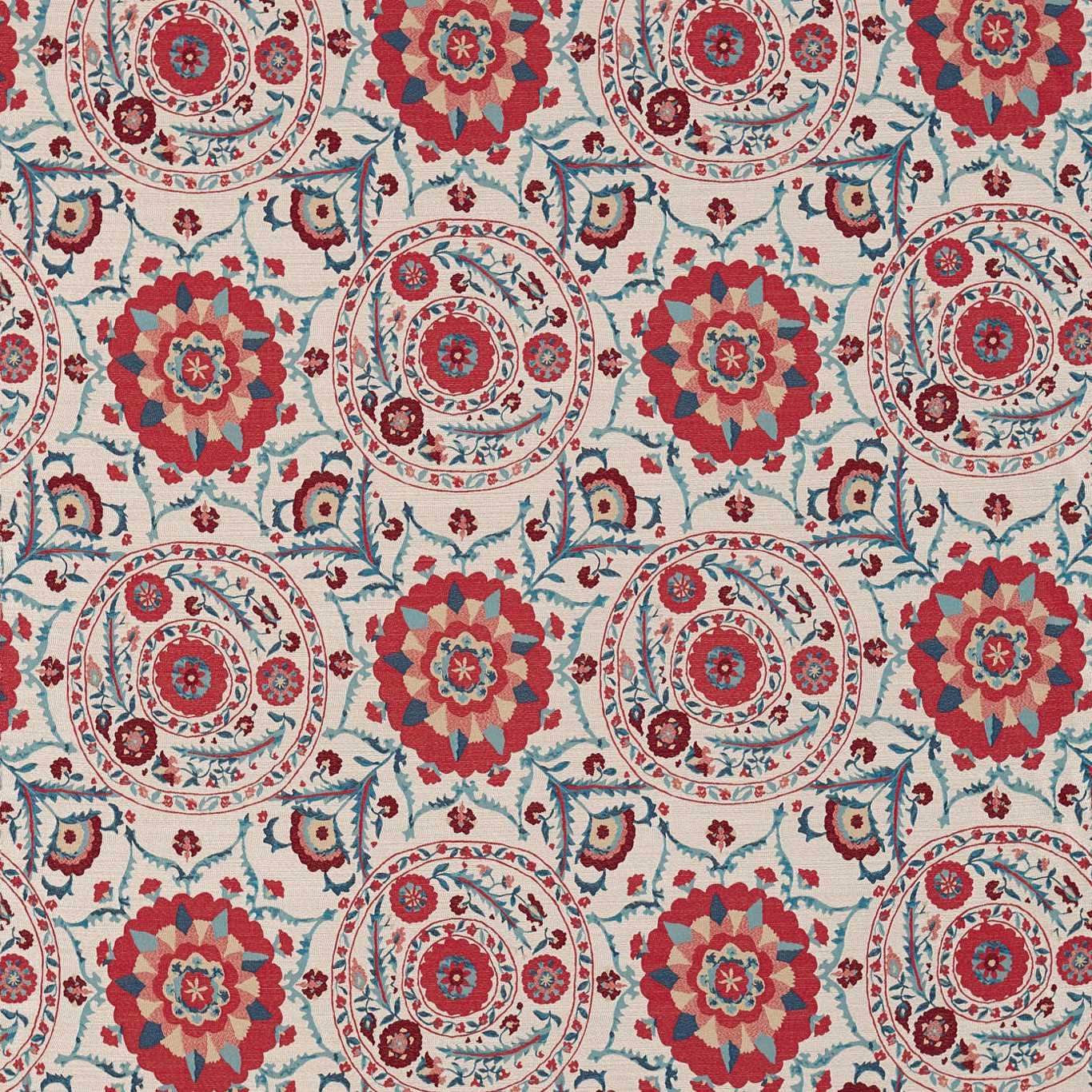 Coral red and indigo floral medallions on an ivory woven fabric