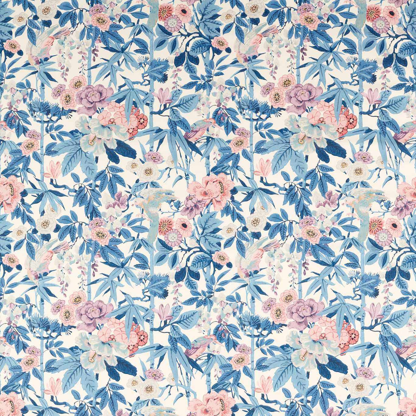 Blue and pink bamboo-and-bird floral print on a pale ground