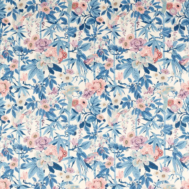 Blue and pink bamboo-and-bird floral print on a pale ground