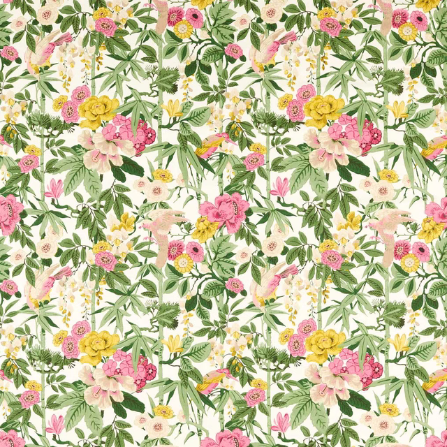 Painterly bamboo and bird floral fabric with scallion green leaves, fuchsia flowers and cream ground