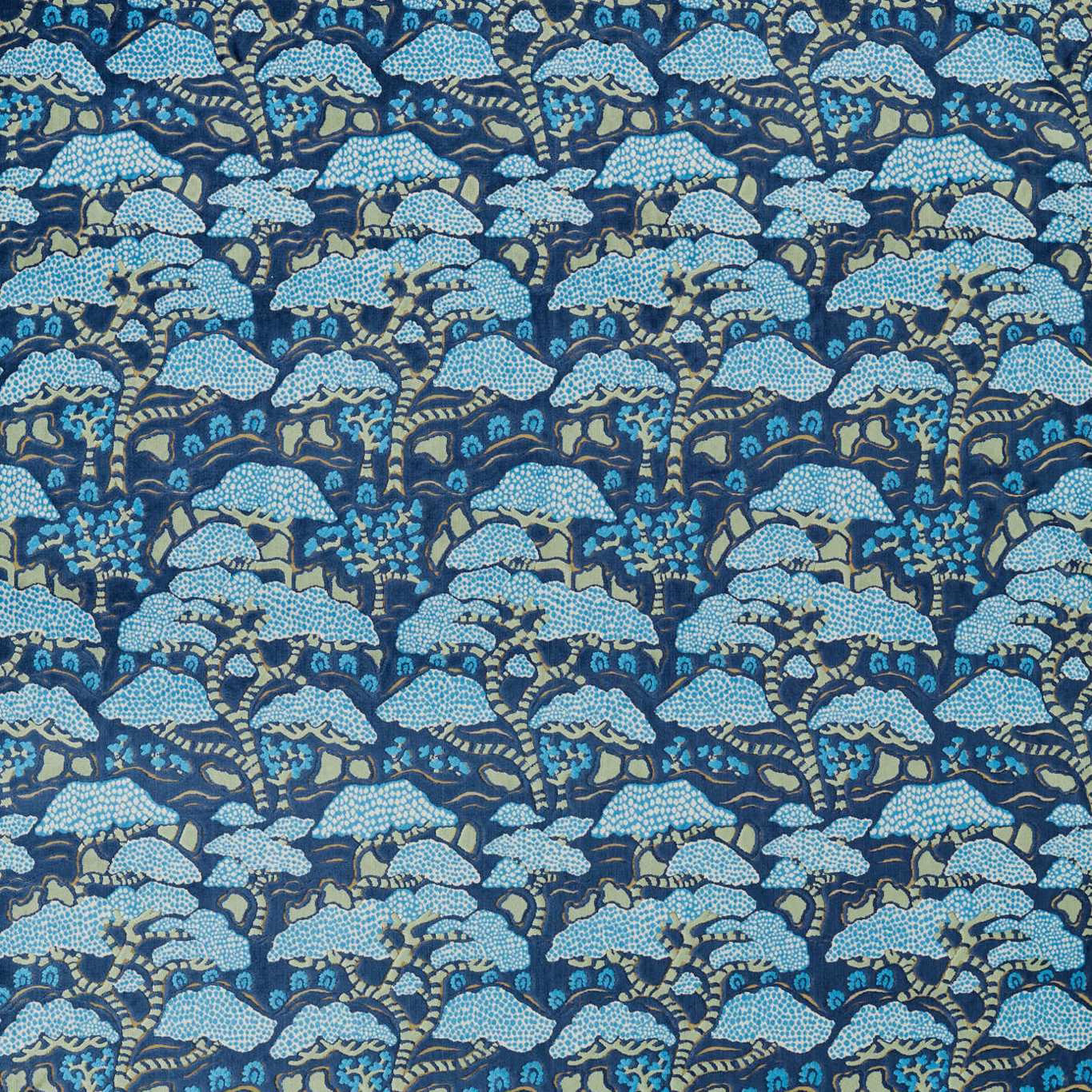 Blue botanical fabric swatch with pale bonsai and gingko motifs on a dark navy ground