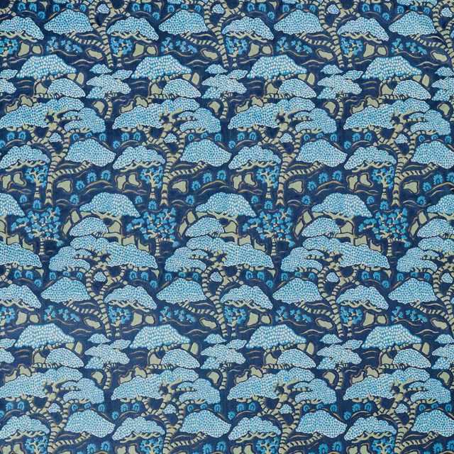 Blue botanical fabric swatch with pale bonsai and gingko motifs on a dark navy ground