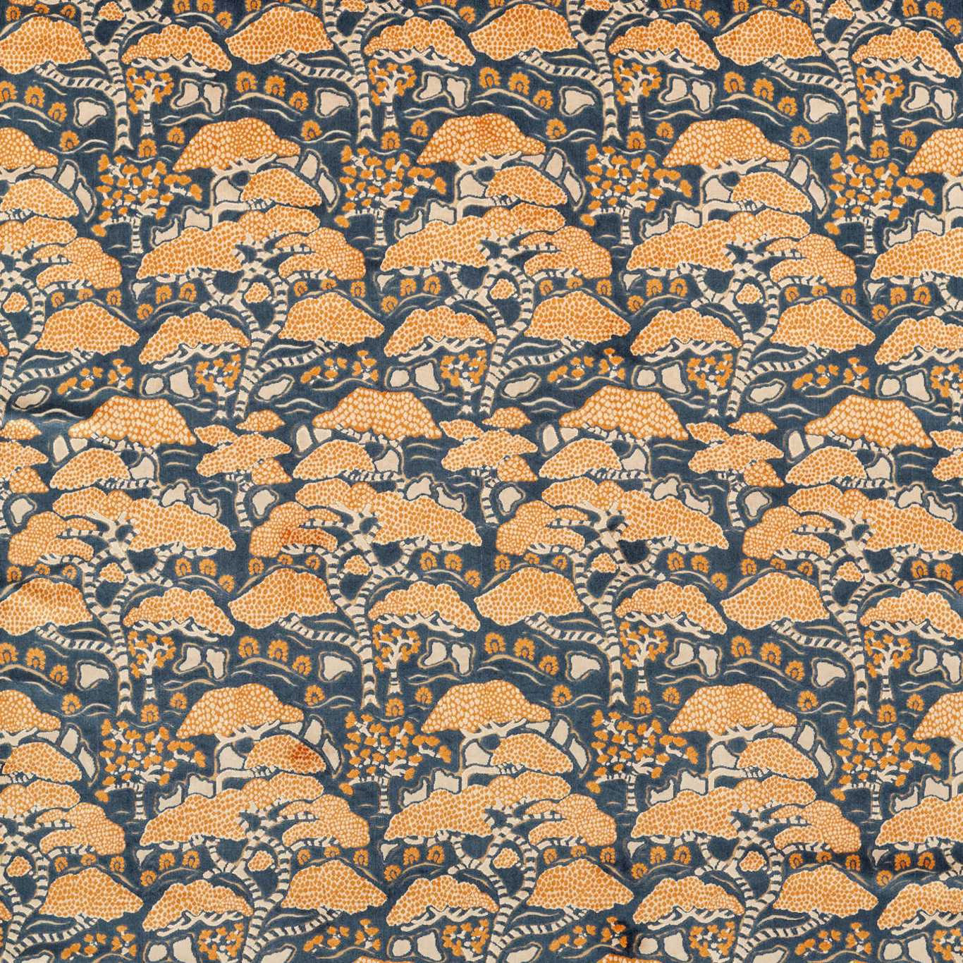 Dense botanical weave with midnight blue ground and orange canopy motifs