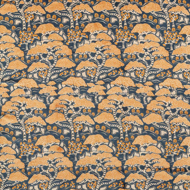 Dense botanical weave with midnight blue ground and orange canopy motifs