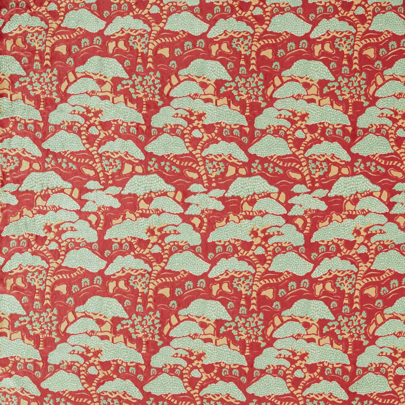 Ruby red fabric with pale mint stylised tree and cloud motifs