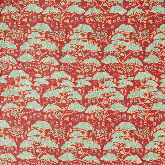 Ruby red fabric with pale mint stylised tree and cloud motifs