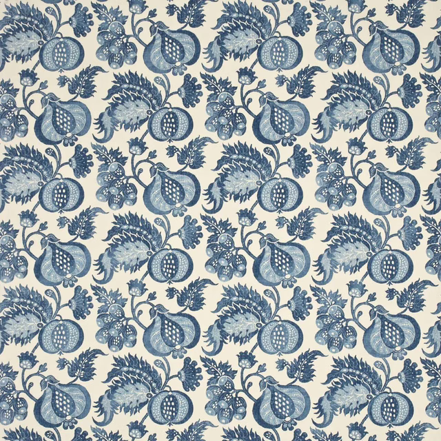 Cream fabric with large blue botanical pomegranate and leaf print