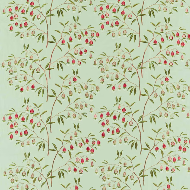 Mint green botanical fabric with trailing branches and red apricot lantern flowers