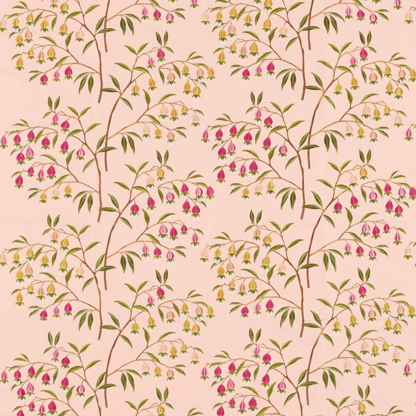 Peach-pink floral fabric with olive leaves and pink and yellow lantern blossoms