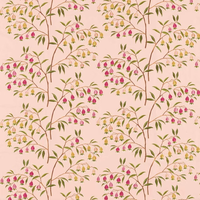 Peach-pink floral fabric with olive leaves and pink and yellow lantern blossoms