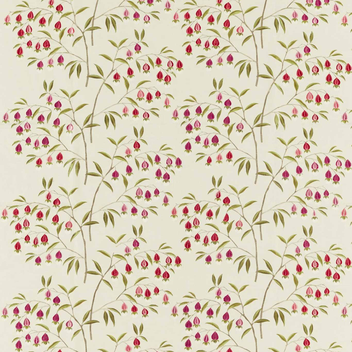 Cream fabric with trailing olive branches and pink plum lantern blossoms