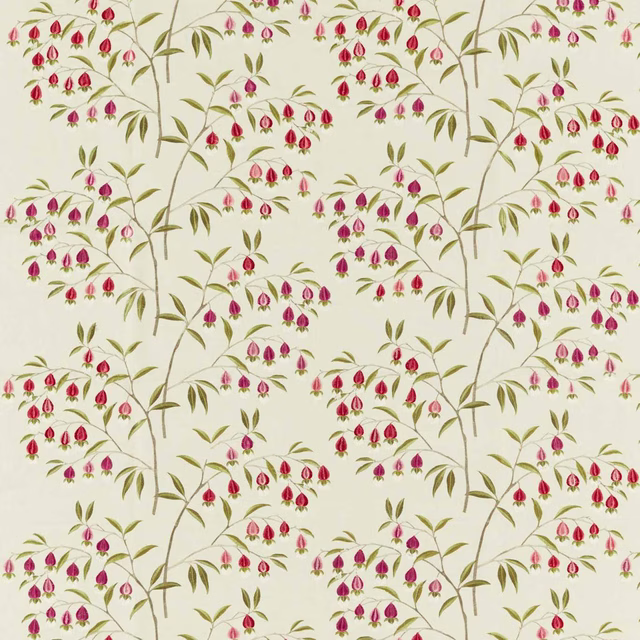 Cream fabric with trailing olive branches and pink plum lantern blossoms