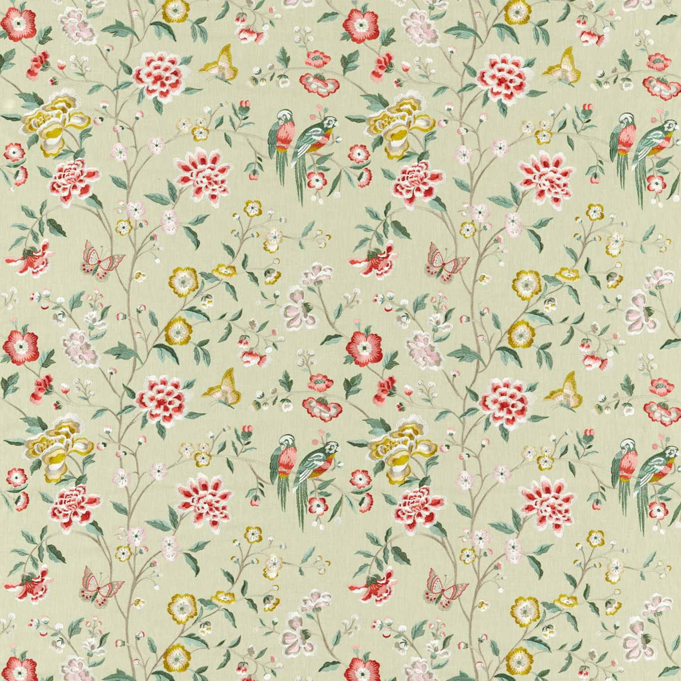 Cream chinoiserie fabric with parrots, blossoms and bamboo stems