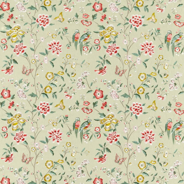 Cream chinoiserie fabric with parrots, blossoms and bamboo stems