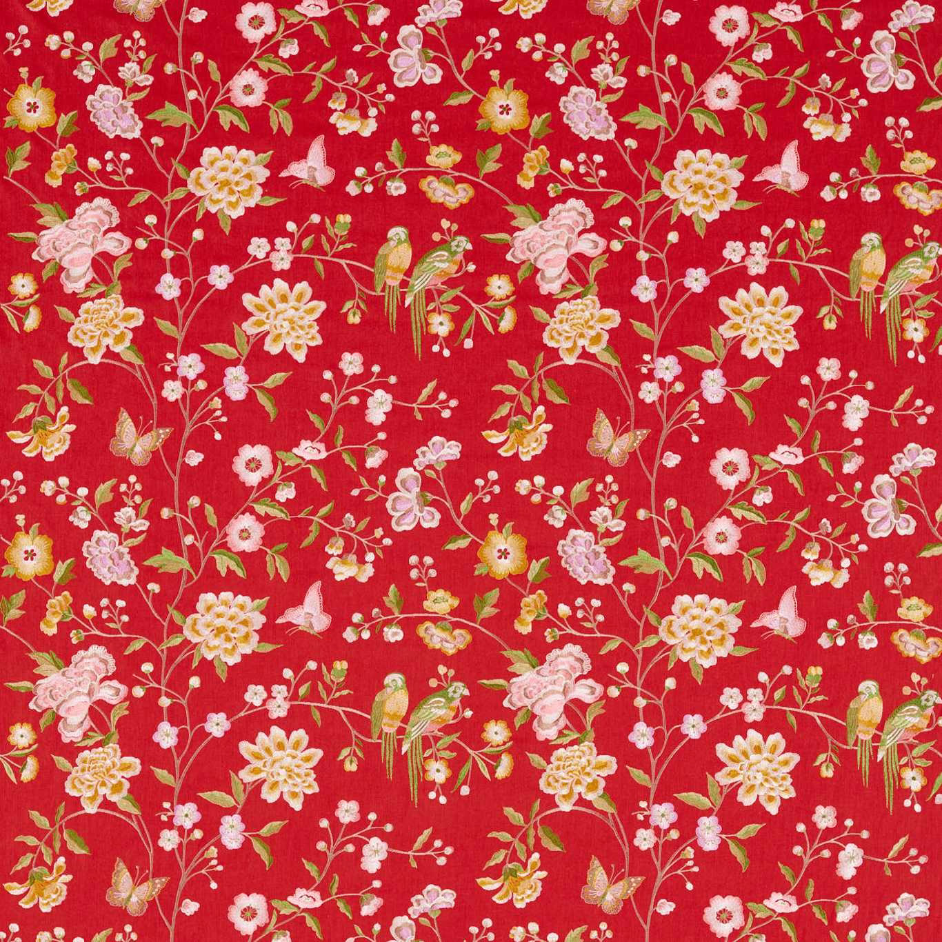 Bright cinnabar red chinoiserie fabric with birds, flowers and trailing stems