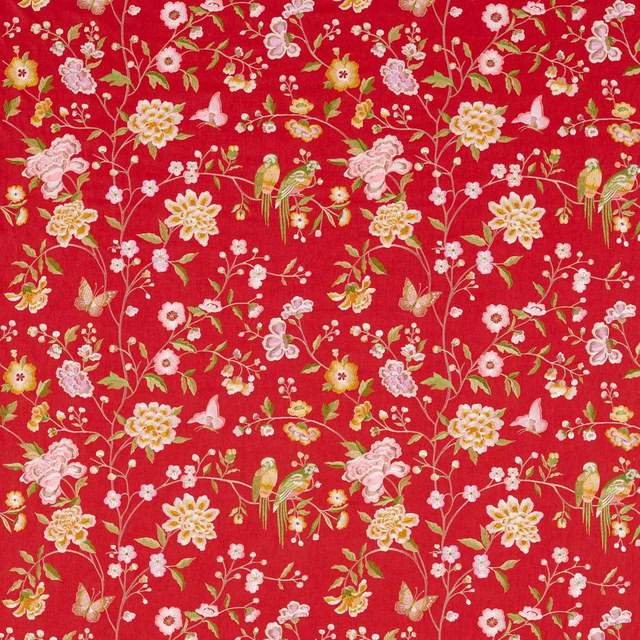 Bright cinnabar red chinoiserie fabric with birds, flowers and trailing stems