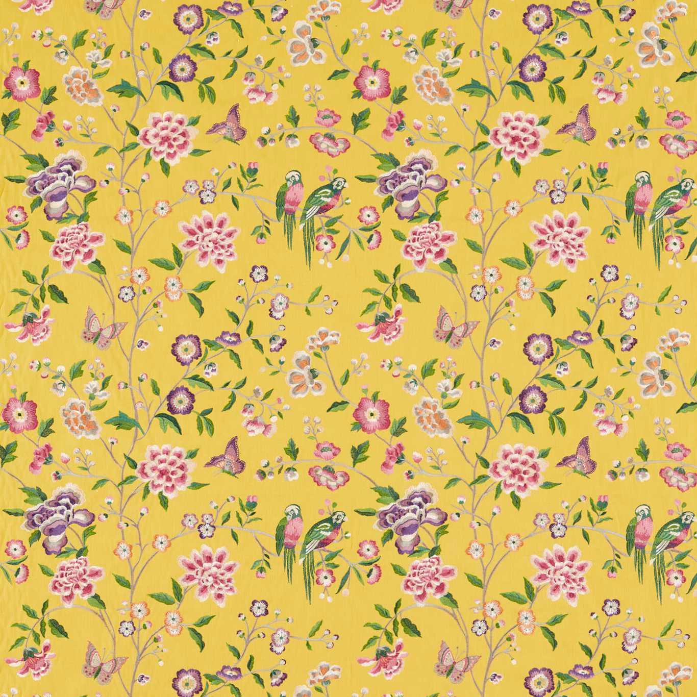 Bright yellow chinoiserie fabric with pink flowers, birds and butterflies