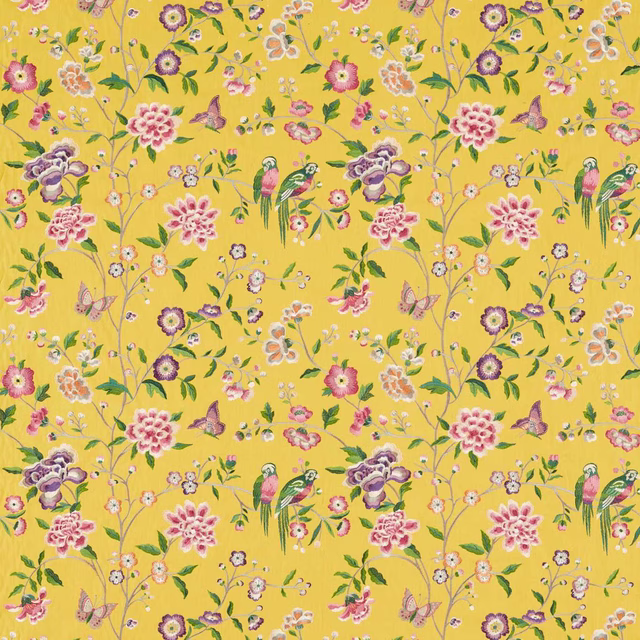 Bright yellow chinoiserie fabric with pink flowers, birds and butterflies