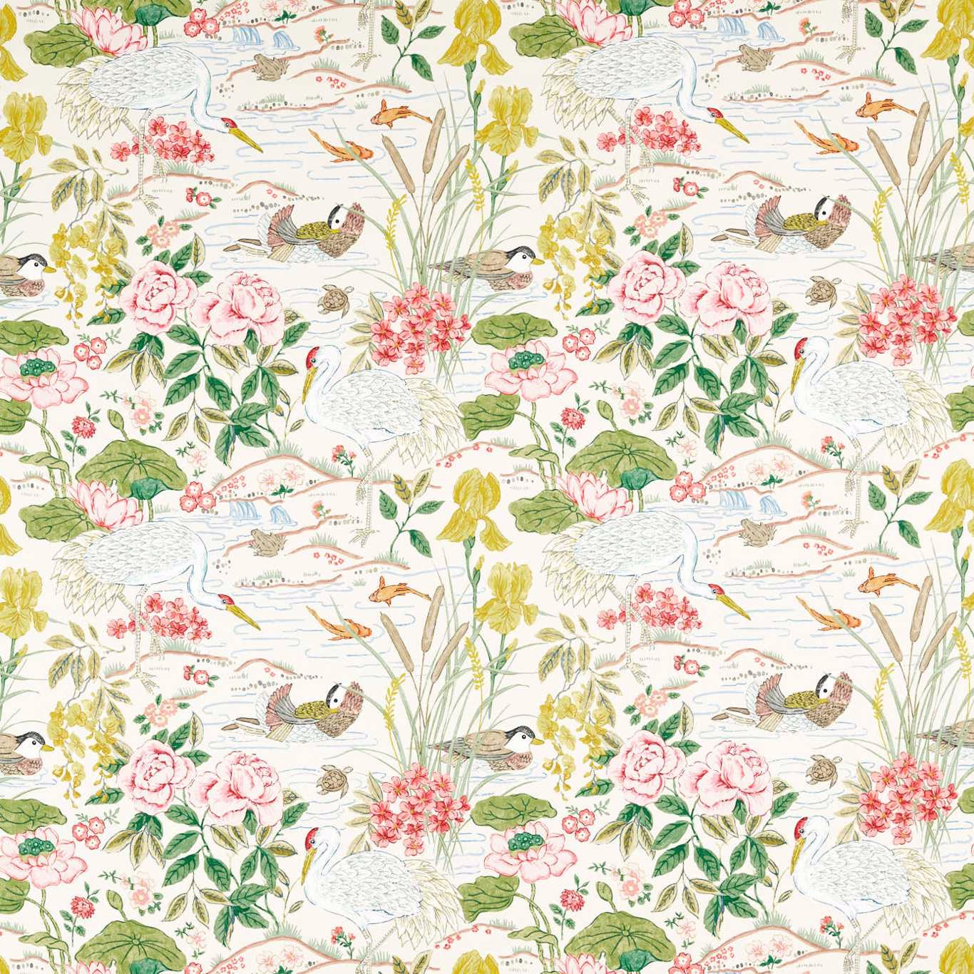 Large-scale water garden print with cranes, frogs, pink flowers and pale green reeds on ivory