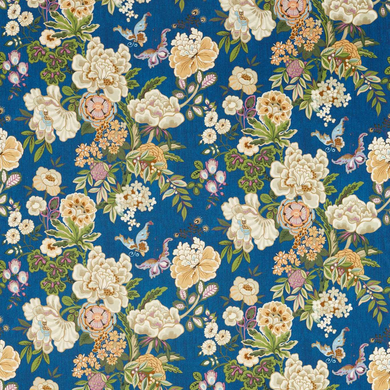 Blue floral fabric with cream peonies, amber blooms and small birds