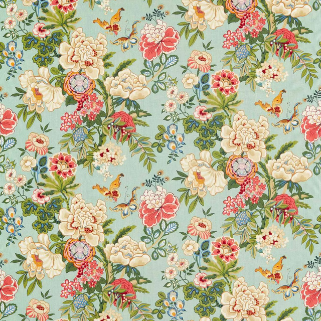Jade aqua floral fabric with cream peonies, coral blooms and leafy stems