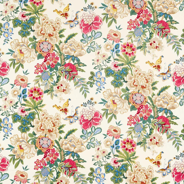Large floral fabric with cream ground, pink peonies, green foliage and butterflies